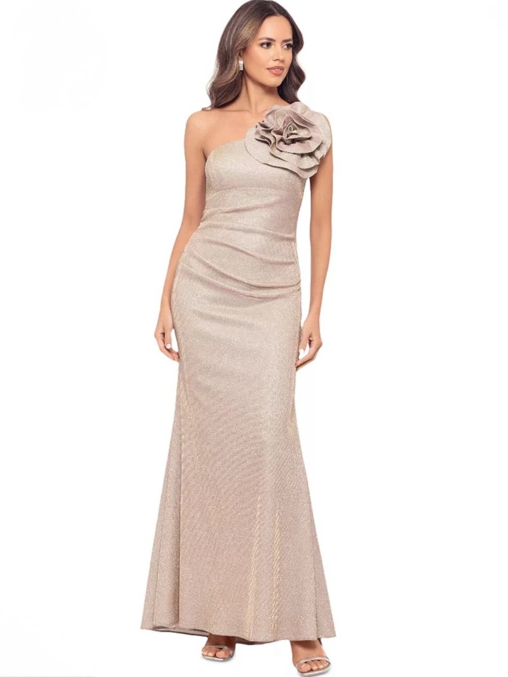Betsy & Adam One-Shoulder Floral Appliqué Gown in Champagne Blush Size 12